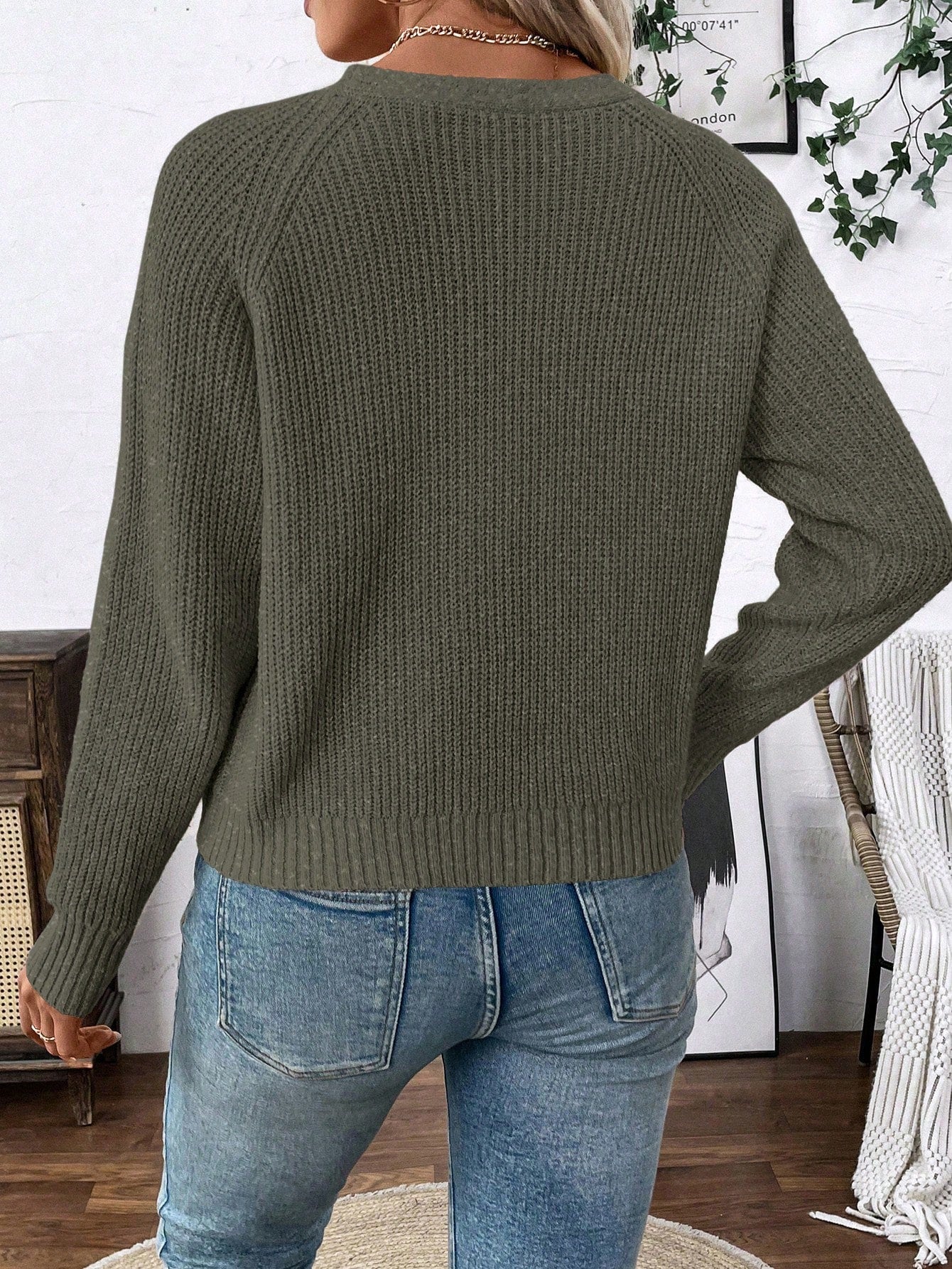 Lune chaqueta de punto de manga larga casual con cuello en v y manga raglan para mujer, con diseno minimalista y ajuste holgado para otono/invierno