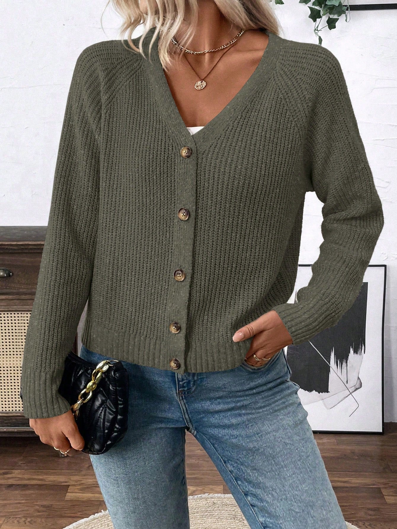 Lune chaqueta de punto de manga larga casual con cuello en v y manga raglan para mujer, con diseno minimalista y ajuste holgado para otono/invierno
