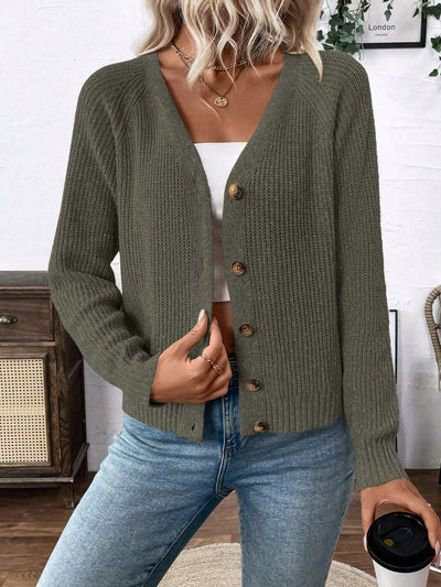 Lune chaqueta de punto de manga larga casual con cuello en v y manga raglan para mujer, con diseno minimalista y ajuste holgado para otono/invierno