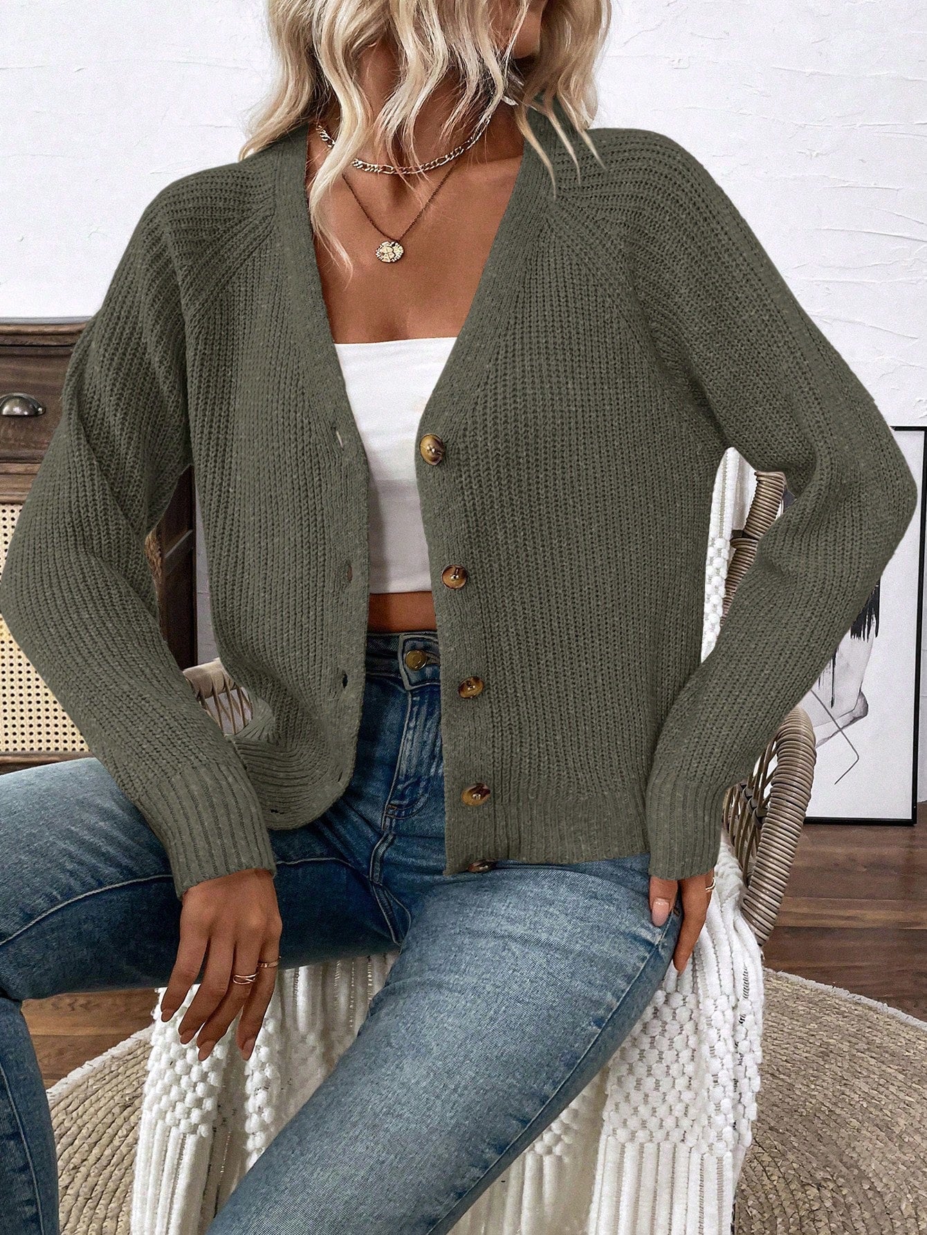 Lune chaqueta de punto de manga larga casual con cuello en v y manga raglan para mujer, con diseno minimalista y ajuste holgado para otono/invierno