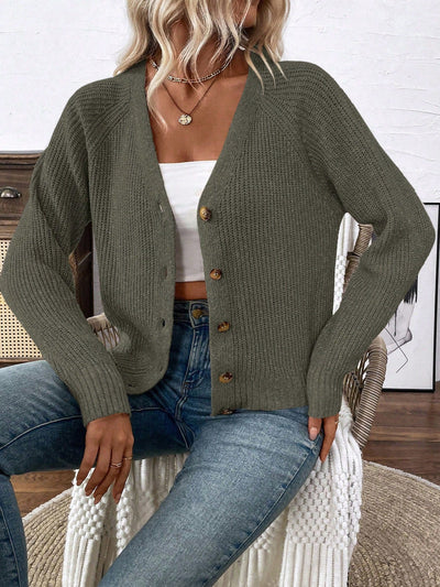 Lune chaqueta de punto de manga larga casual con cuello en v y manga raglan para mujer, con diseno minimalista y ajuste holgado para otono/invierno