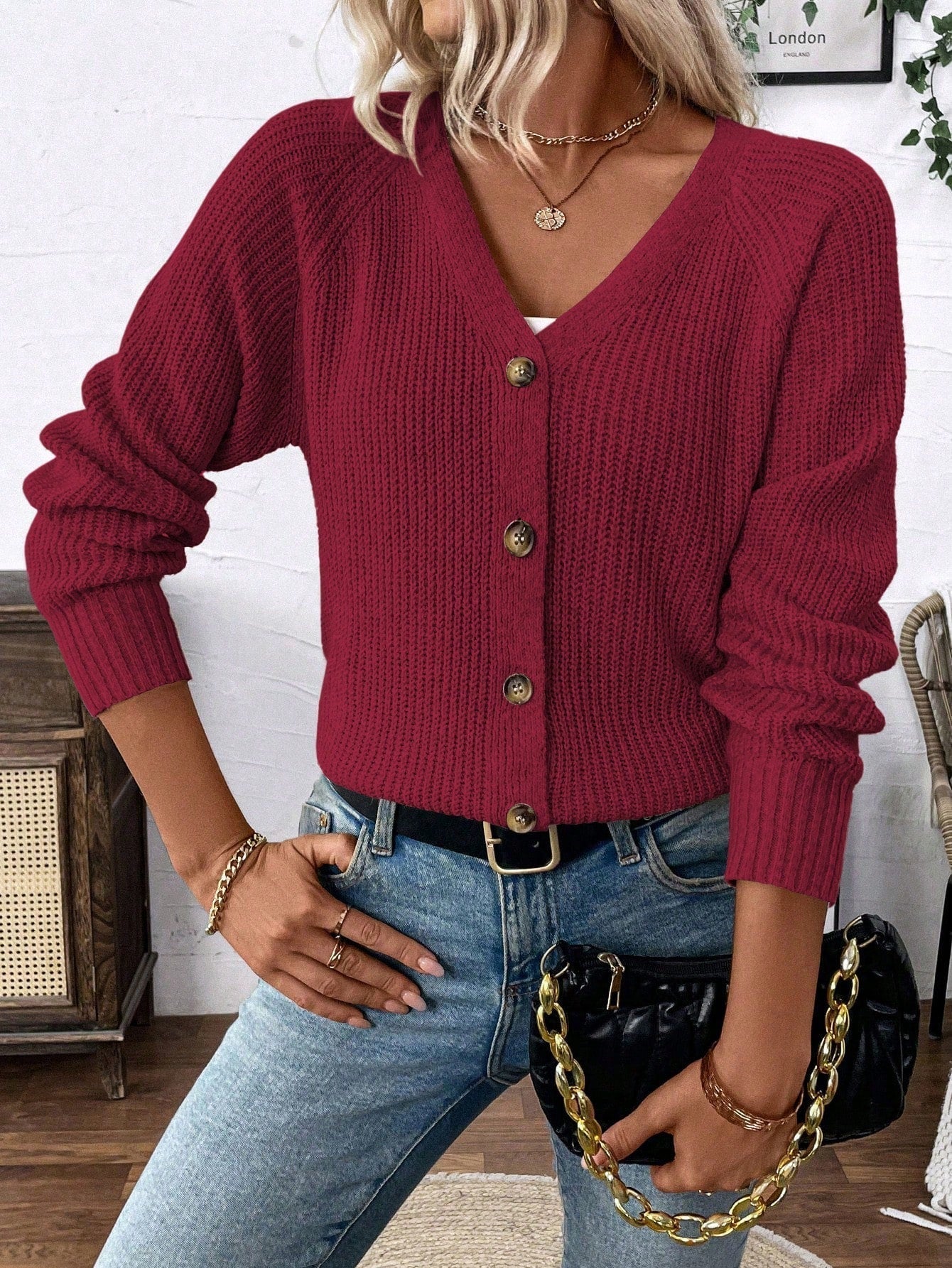 Lune chaqueta de punto de manga larga casual con cuello en v y manga raglan para mujer, con diseno minimalista y ajuste holgado para otono/invierno