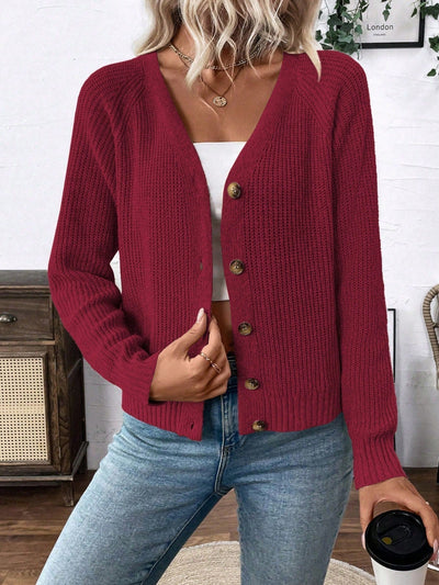 Lune chaqueta de punto de manga larga casual con cuello en v y manga raglan para mujer, con diseno minimalista y ajuste holgado para otono/invierno