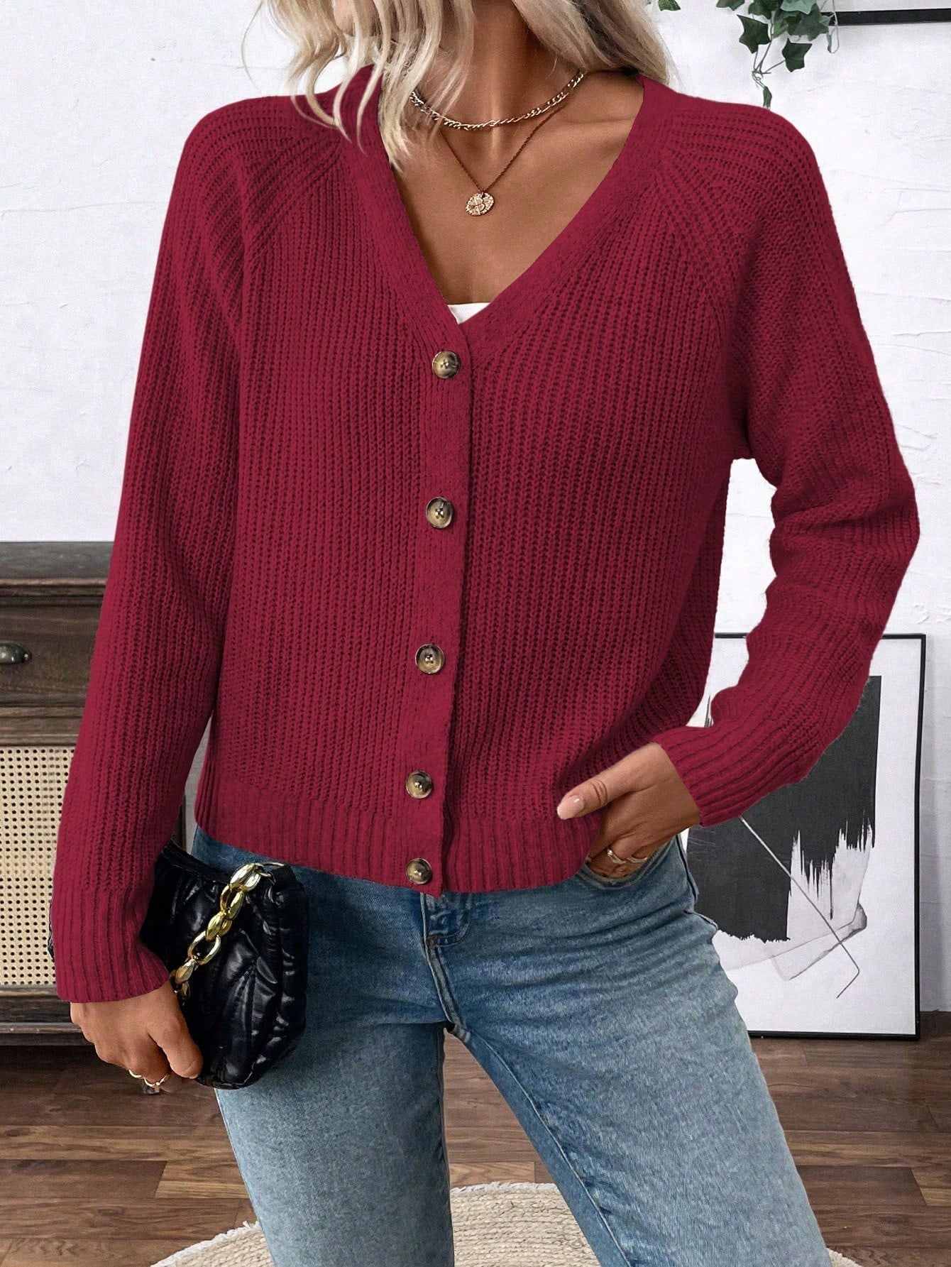 Lune chaqueta de punto de manga larga casual con cuello en v y manga raglan para mujer, con diseno minimalista y ajuste holgado para otono/invierno