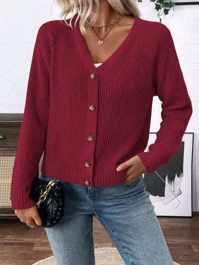 Lune chaqueta de punto de manga larga casual con cuello en v y manga raglan para mujer, con diseno minimalista y ajuste holgado para otono/invierno
