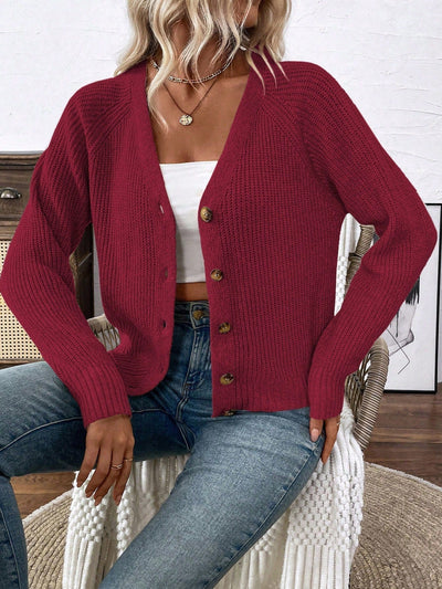 Lune chaqueta de punto de manga larga casual con cuello en v y manga raglan para mujer, con diseno minimalista y ajuste holgado para otono/invierno
