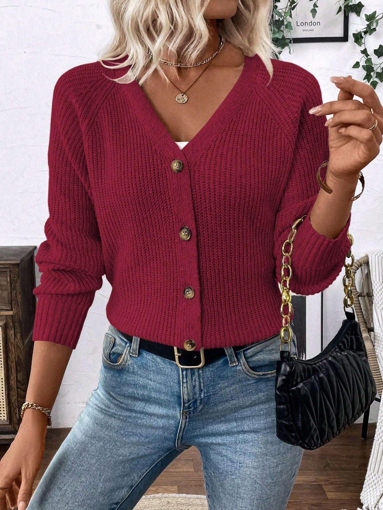 Lune chaqueta de punto de manga larga casual con cuello en v y manga raglan para mujer, con diseno minimalista y ajuste holgado para otono/invierno
