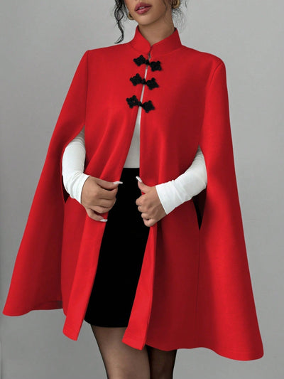 Elenzya capa, poncho y capa con cuello de pie, decoracion de botones con bloque de color en estilo chino, abrigo de lana grueso para mujer, otono/invierno
