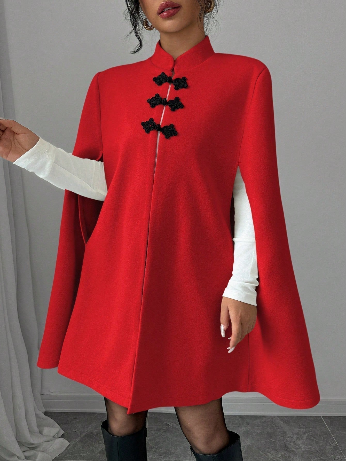 Elenzya capa/capa elegante con cuello de pie, cierre de botones y contraste de color, estilo chino, abrigo grueso de lana para mujer, otono/invierno
