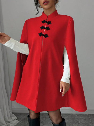 Elenzya capa, poncho y capa con cuello de pie, decoracion de botones con bloque de color en estilo chino, abrigo de lana grueso para mujer, otono/invierno