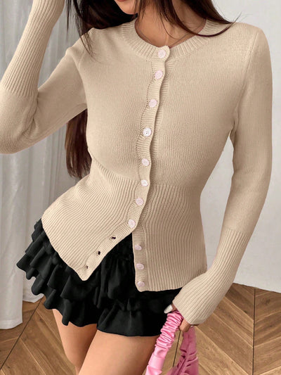 Moosta mujer chaqueta de punto de unicolor con cuello redondo, manga larga, de abotonadura sencilla, versatil y de moda, para otono/invierno