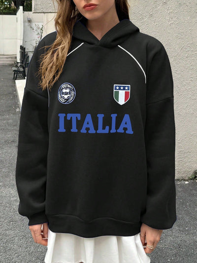 Ezwear sudadera holgada con capucha de estilo deportivo minimalista casual con patron de letra de mexico, para mujer, otono/invierno