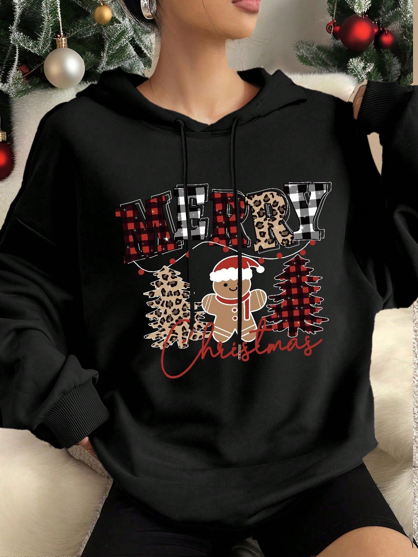 Ezwear jersey holgado de manga larga con estampado de arbol de navidad y texto "feliz navidad" en estilo minimalista y vintage con estampado de leopardo, para mujer