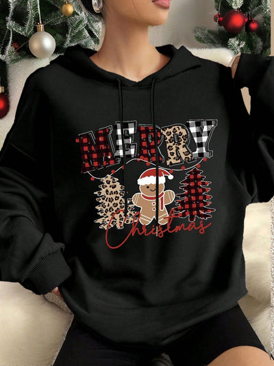 Ezwear jersey holgado de manga larga con estampado de arbol de navidad y texto "feliz navidad" en estilo minimalista y vintage con estampado de leopardo, para mujer