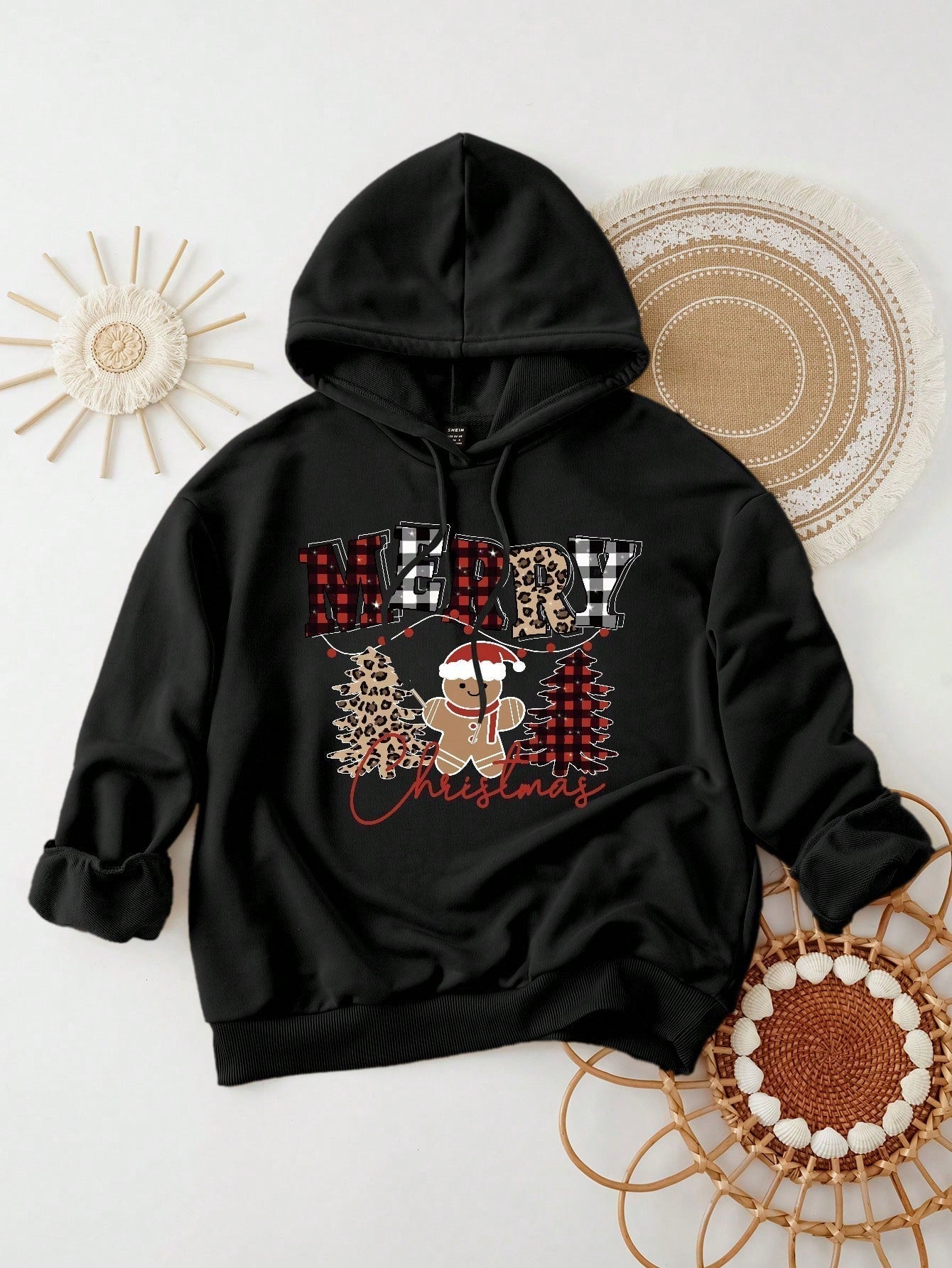 Ezwear jersey holgado de manga larga con estampado de arbol de navidad y texto "feliz navidad" en estilo minimalista y vintage con estampado de leopardo, para mujer
