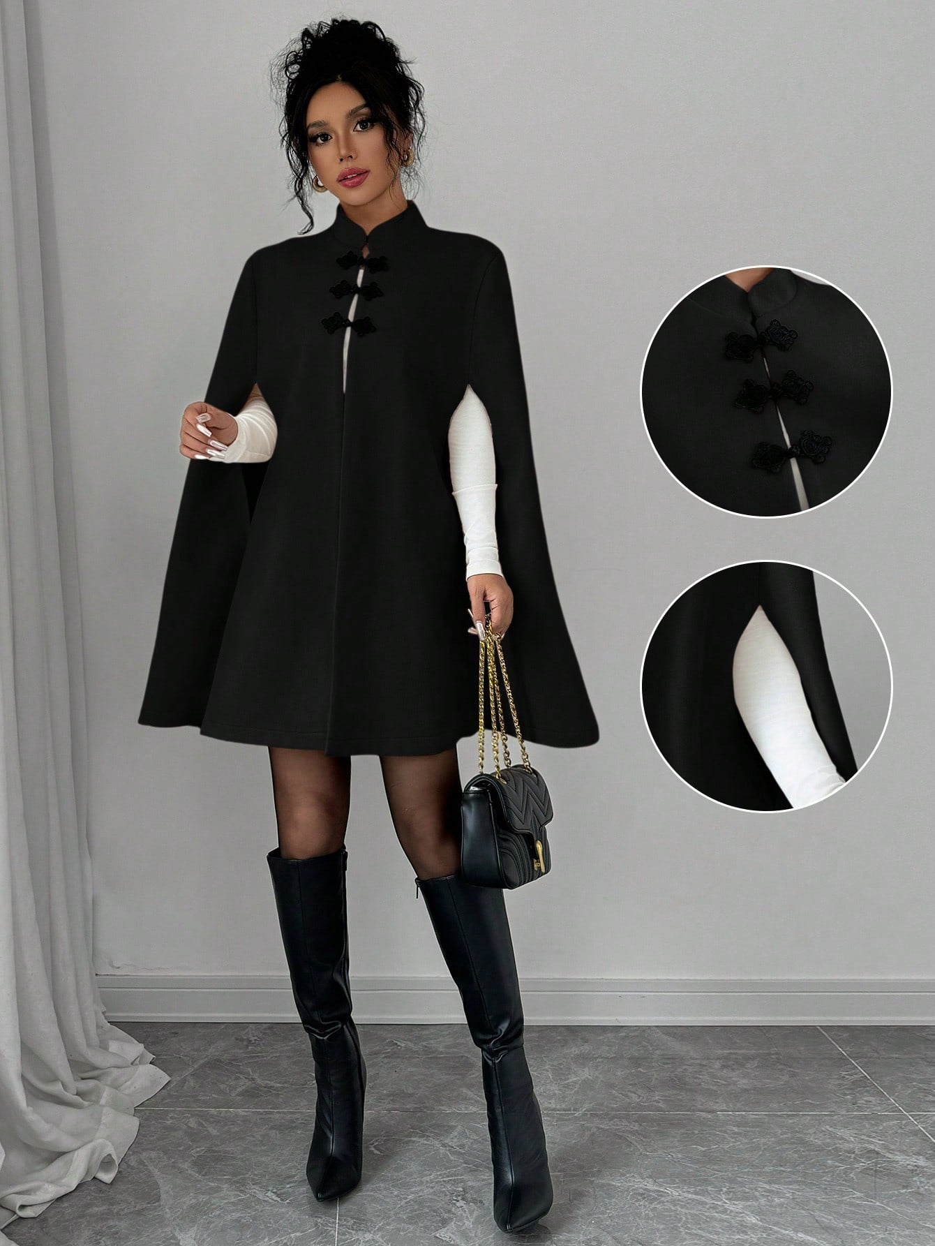 Elenzya capa/capa elegante con cuello de pie, cierre de botones y contraste de color, estilo chino, abrigo grueso de lana para mujer, otono/invierno