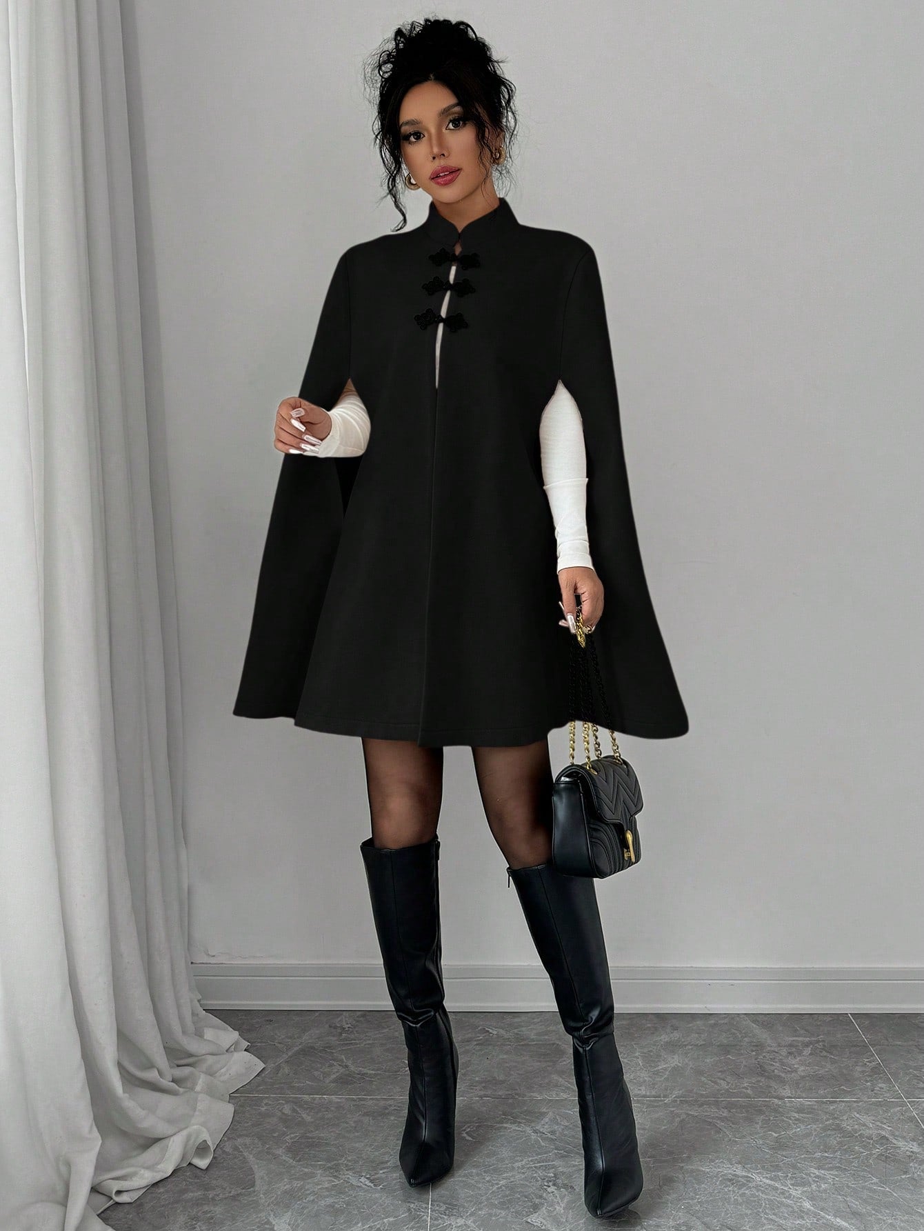 Elenzya capa/capa elegante con cuello de pie, cierre de botones y contraste de color, estilo chino, abrigo grueso de lana para mujer, otono/invierno