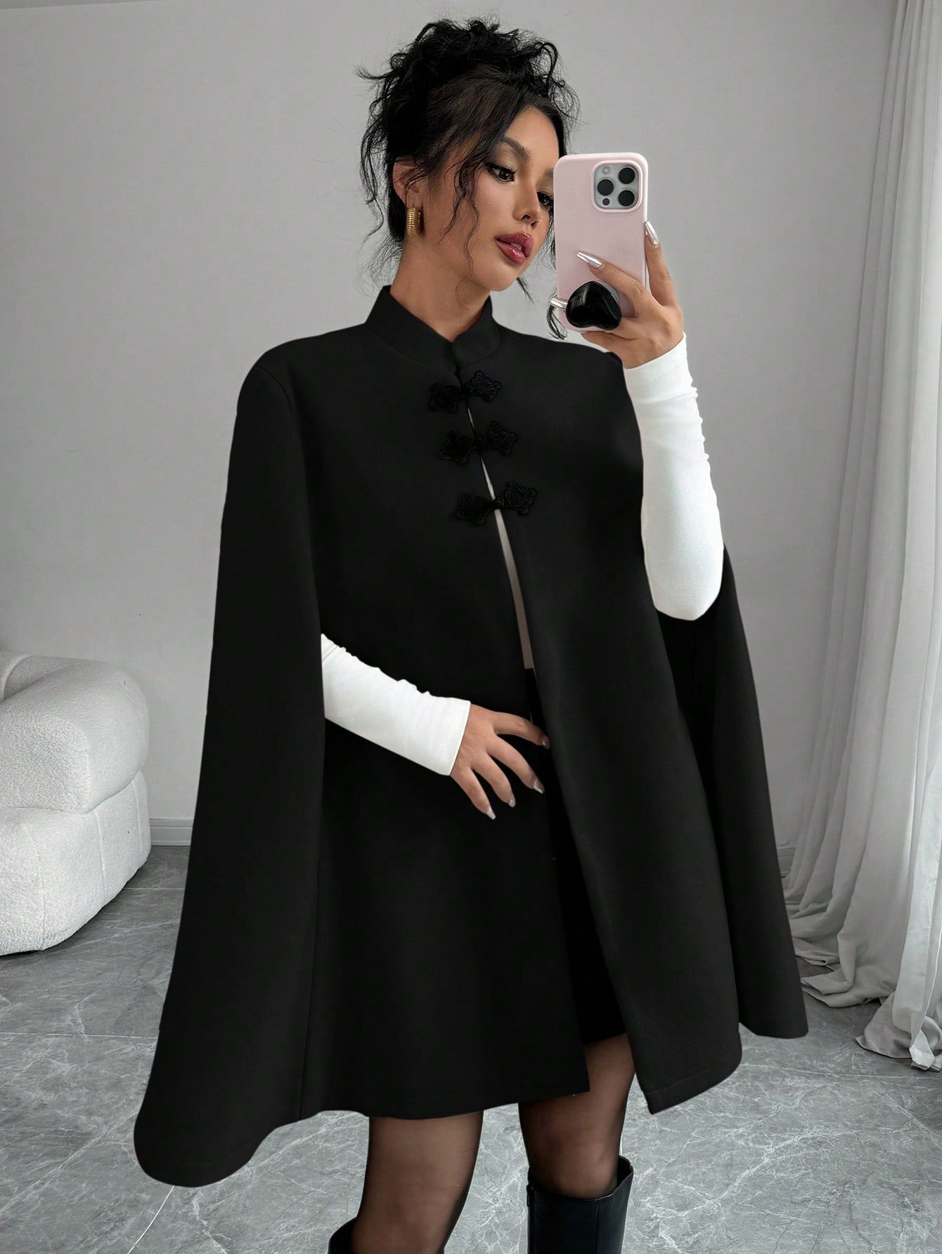 Elenzya capa, poncho y capa con cuello de pie, decoracion de botones con bloque de color en estilo chino, abrigo de lana grueso para mujer, otono/invierno