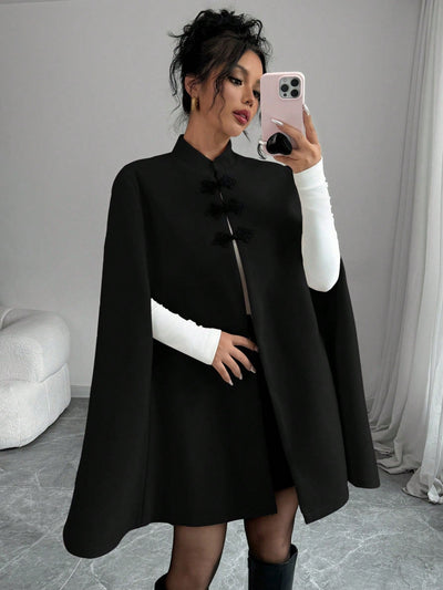 Elenzya capa, poncho y capa con cuello de pie, decoracion de botones con bloque de color en estilo chino, abrigo de lana grueso para mujer, otono/invierno