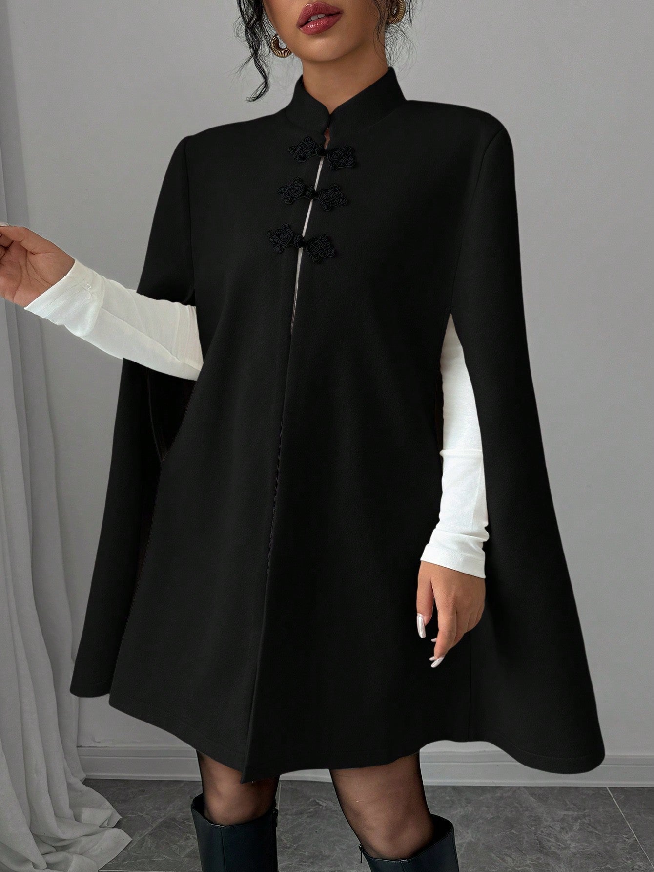 Elenzya capa/capa elegante con cuello de pie, cierre de botones y contraste de color, estilo chino, abrigo grueso de lana para mujer, otono/invierno