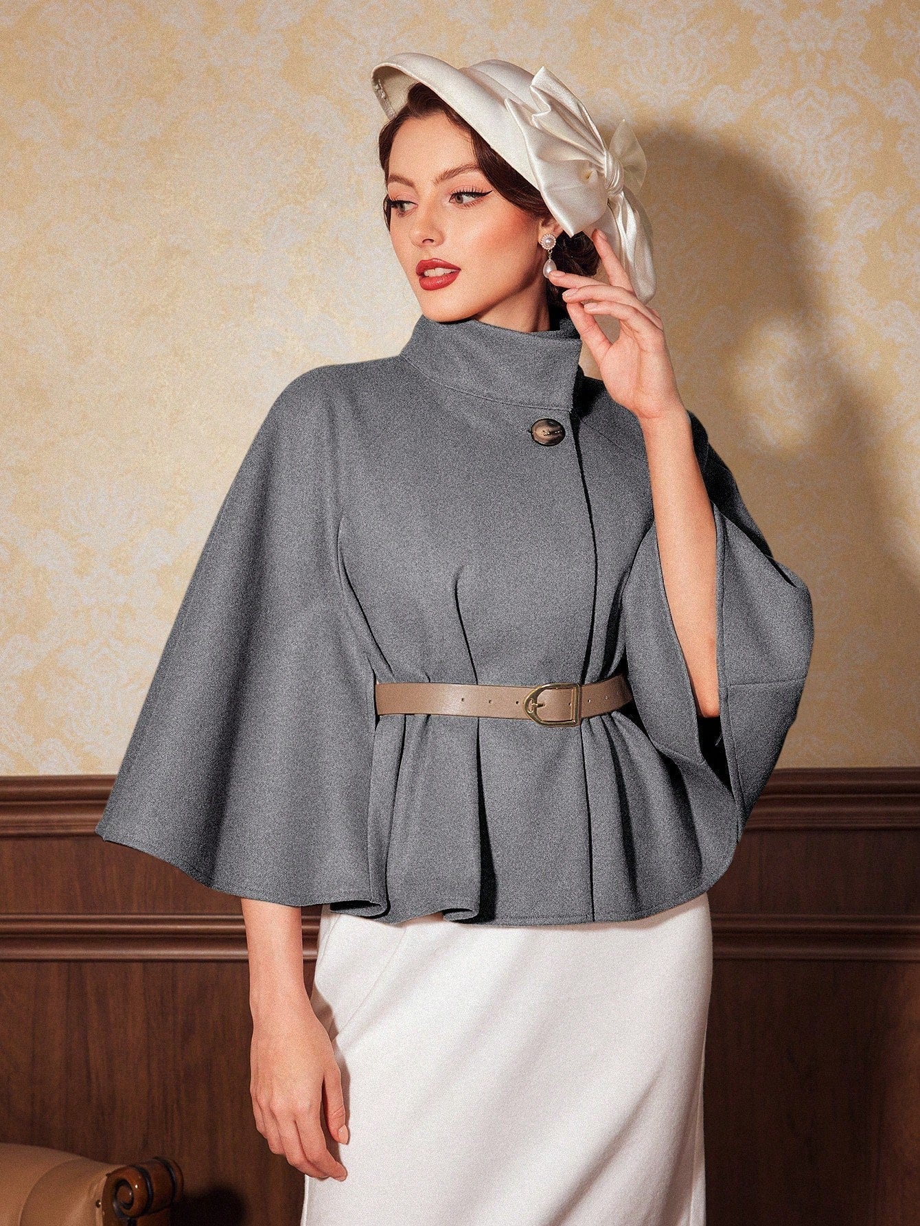 Vintamour abrigo capa elegante con cuello de pie de unicolor para mujer, para otono/invierno