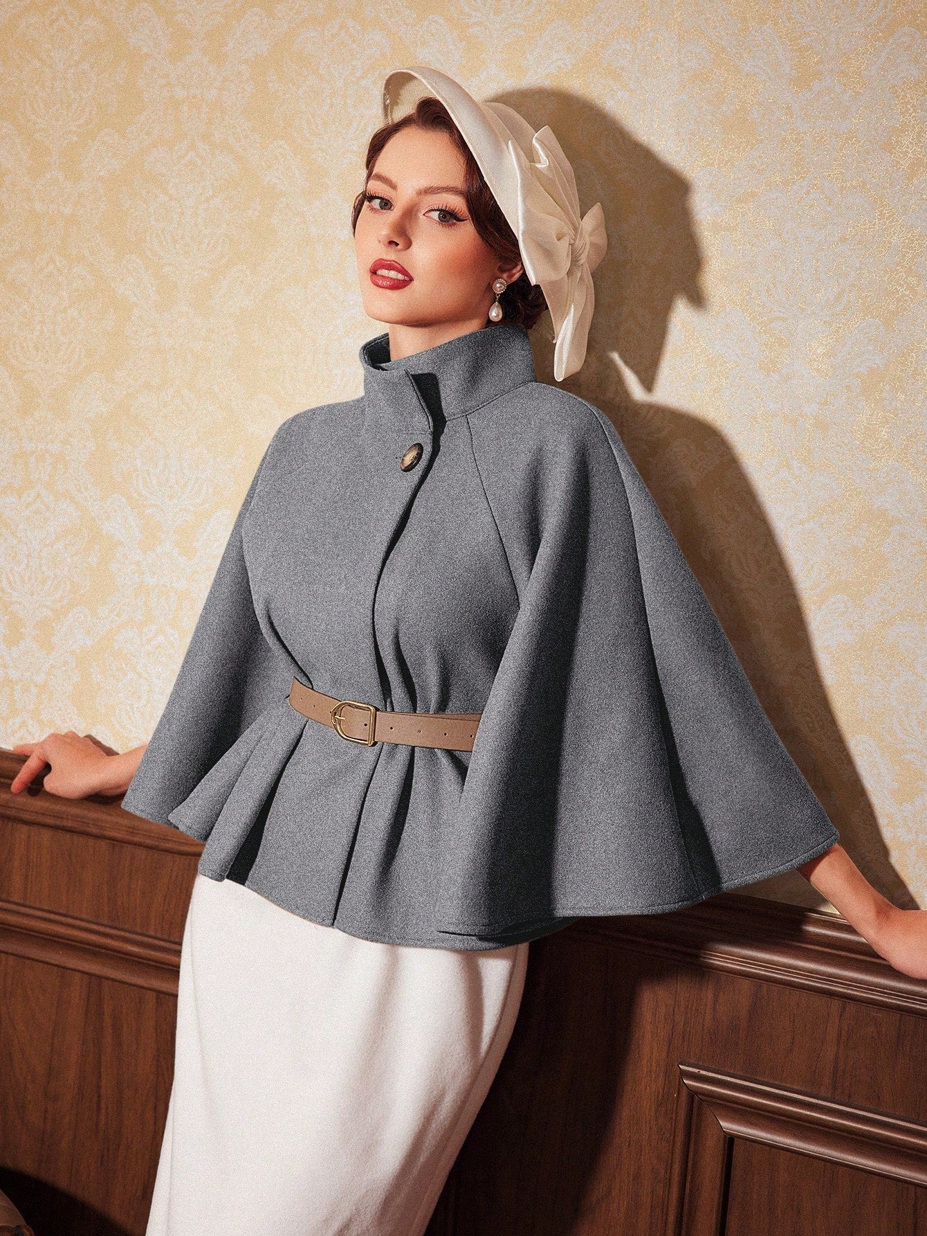 Vintamour abrigo capa elegante con cuello de pie de unicolor para mujer, para otono/invierno