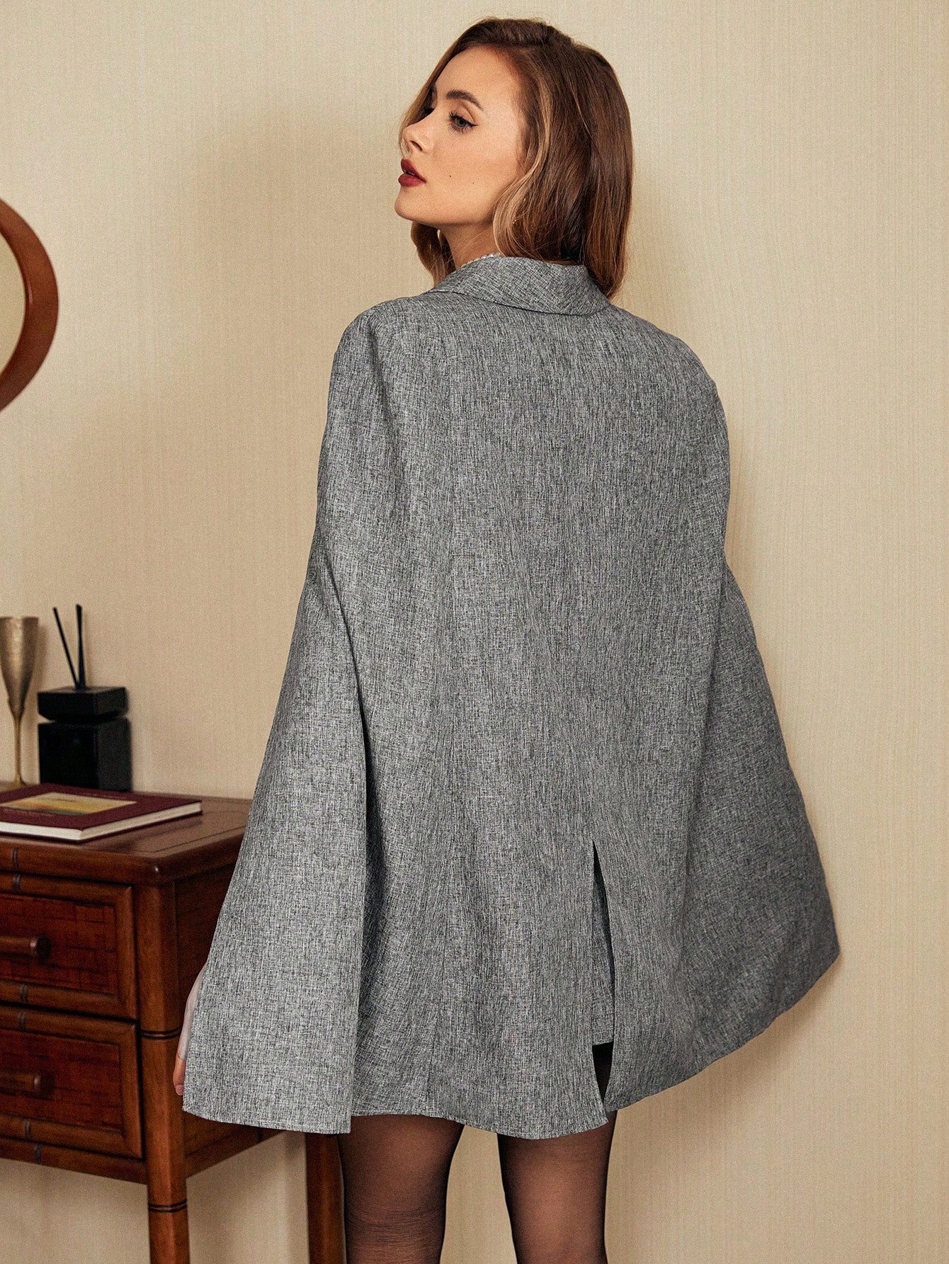 Vintamour traje falda vintage elegante para mujer, con capa tipo poncho decorado con botones, uso casual de oficina, ropa de mujer para invierno, atuendo de accion de gracias, abrigo de invierno para mujer, atuendos de invierno, ropa de navidad para