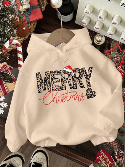 Ezwear jersey holgado de manga larga con estampado de arbol de navidad y texto "feliz navidad" en estilo minimalista y vintage con estampado de leopardo, para mujer