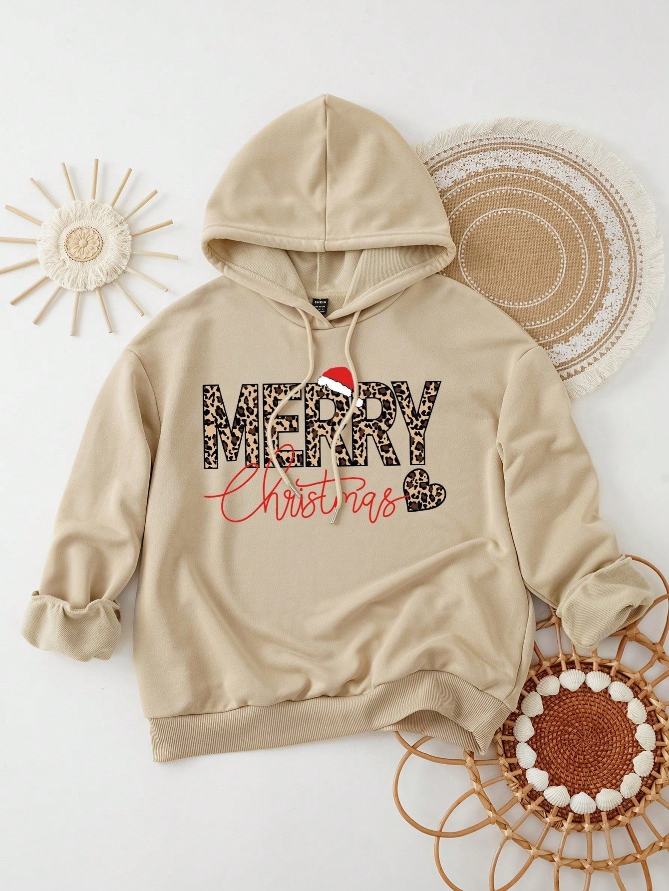 Ezwear jersey holgado de manga larga con estampado de arbol de navidad y texto "feliz navidad" en estilo minimalista y vintage con estampado de leopardo, para mujer
