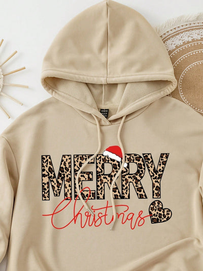 Ezwear jersey holgado de manga larga con estampado de arbol de navidad y texto "feliz navidad" en estilo minimalista y vintage con estampado de leopardo, para mujer