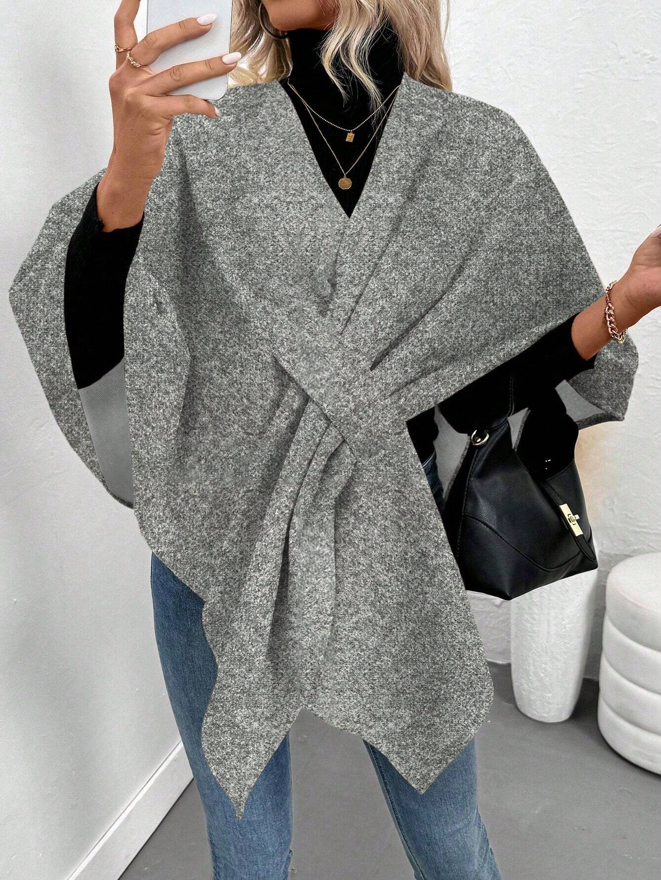 Clasi abrigo de lana de unicolor elegante con cierre envolvente para mujer, para otono/invierno