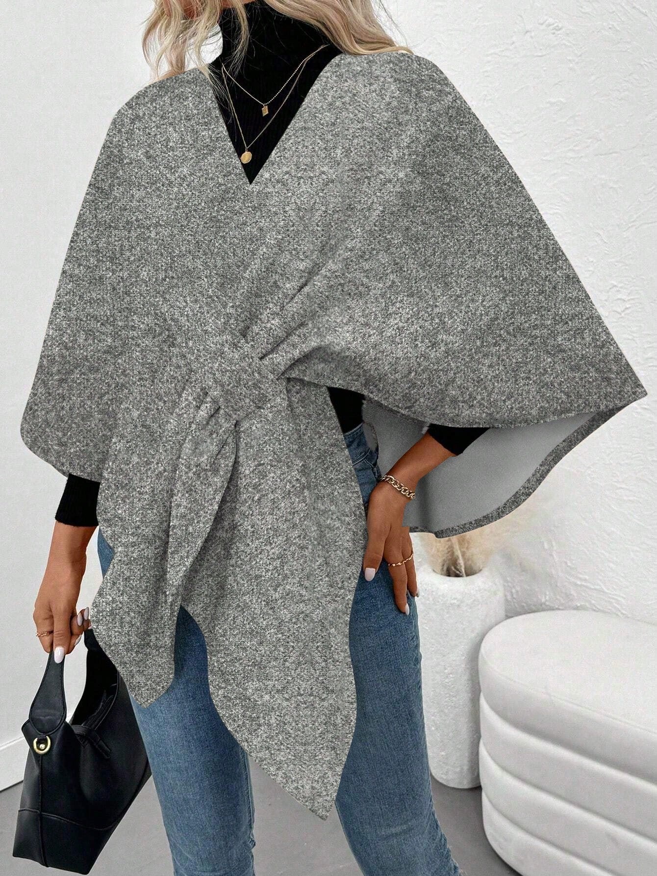 Clasi abrigo de lana de unicolor elegante con cierre envolvente para mujer, para otono/invierno