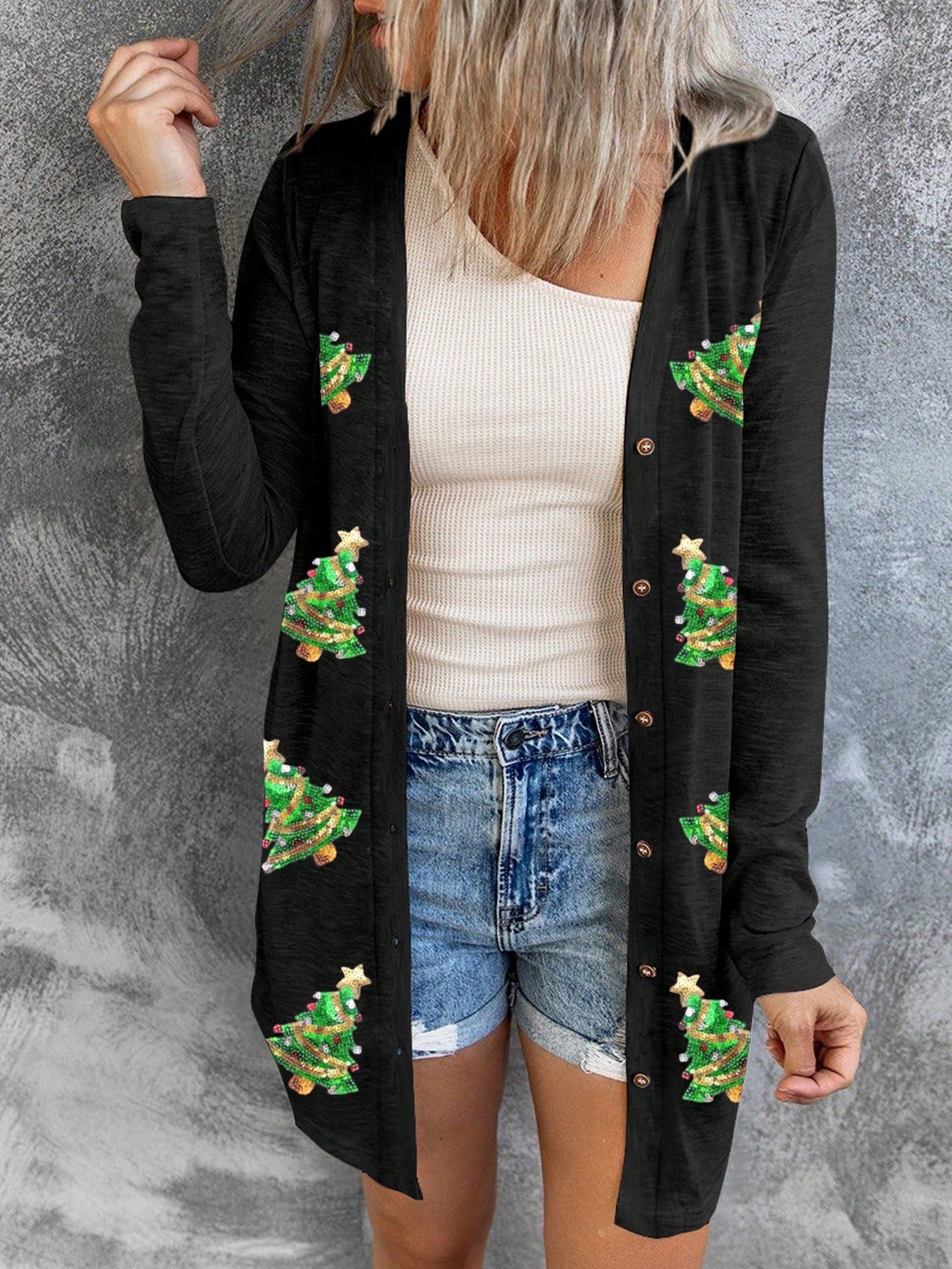 Hotapei cardigan de navidad de manga larga con diseno de arbol de navidad para mujer