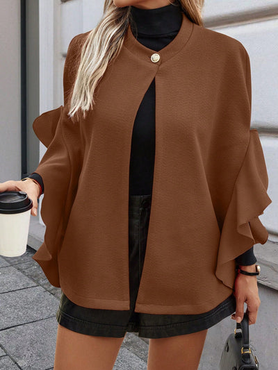 Clasi abrigo elegante de mujer con parches de un solo boton y ribete de volantes en unicolor para otono/invierno