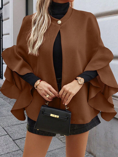 Clasi abrigo largo de lana de mujer de manga larga, de un solo pecho, con cuello alto y manga tipo capa, de unicolor, elegante, para otono/invierno