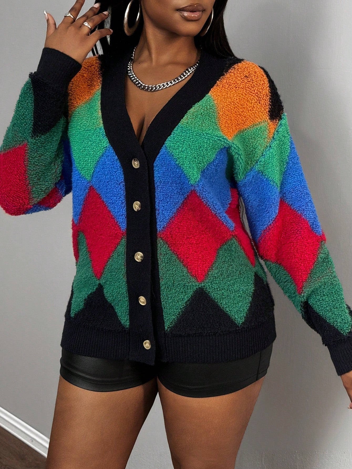 Slayr chaqueta de punto casual con patron asimetrico y contraste de color para mujer