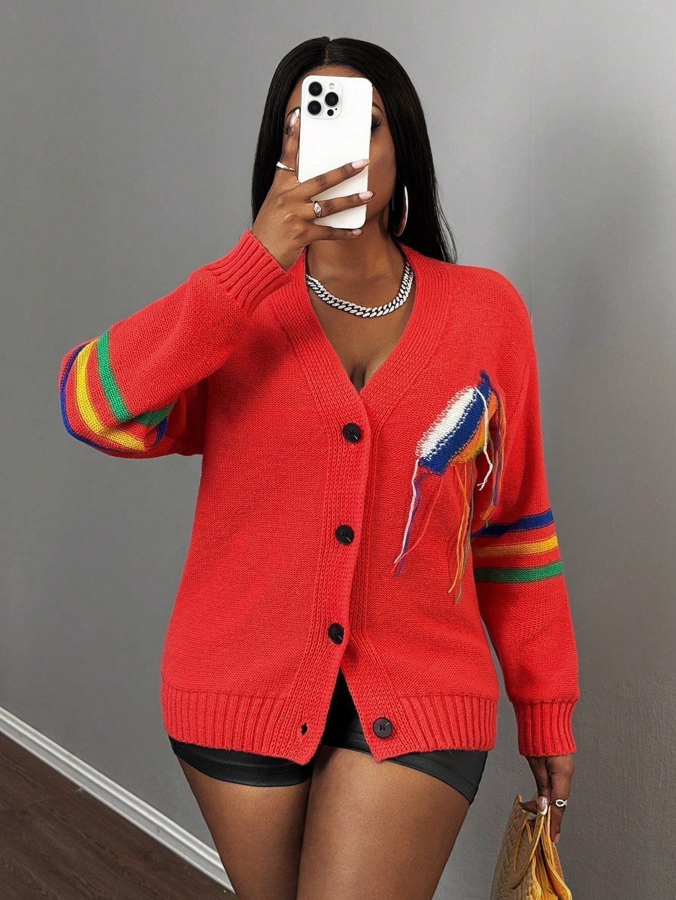 Slayr chaqueta de punto casual con patron asimetrico y contraste de color para mujer