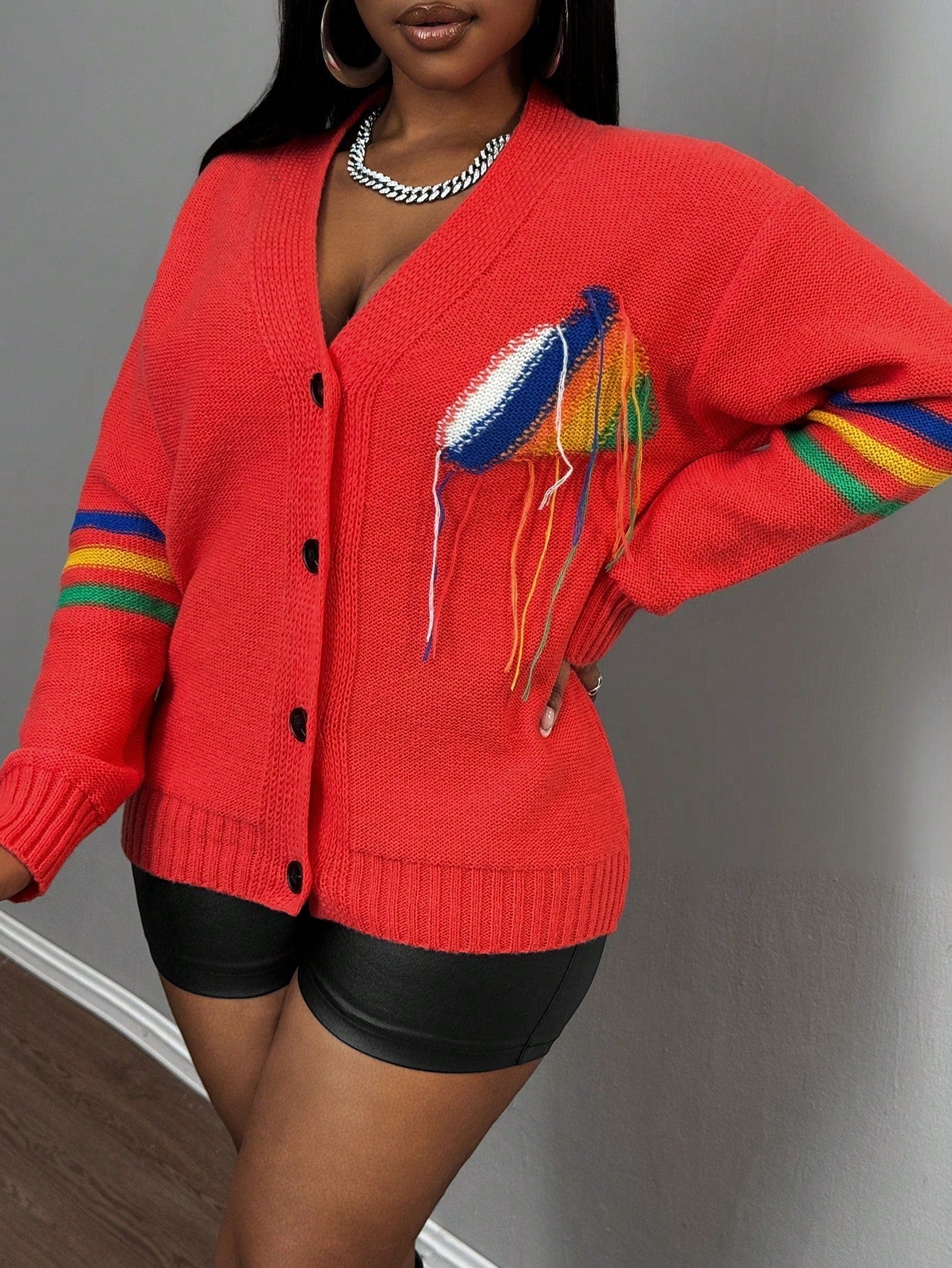 Slayr chaqueta de punto casual con patron asimetrico y contraste de color para mujer