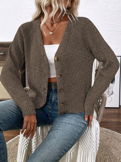 Lune chaqueta de punto de manga larga casual con cuello en v y manga raglan para mujer, con diseno minimalista y ajuste holgado para otono/invierno