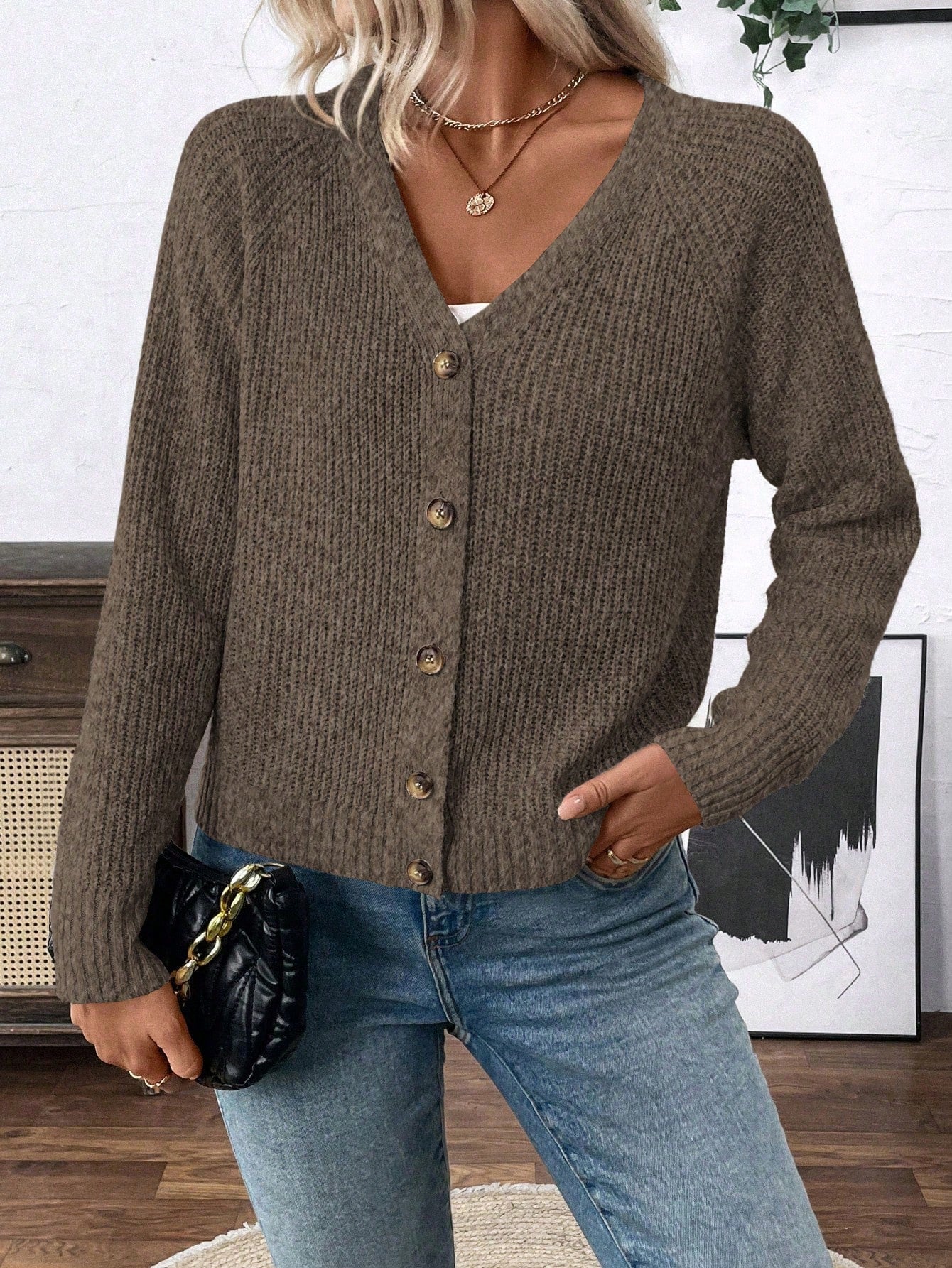 Lune chaqueta de punto de manga larga casual con cuello en v y manga raglan para mujer, con diseno minimalista y ajuste holgado para otono/invierno