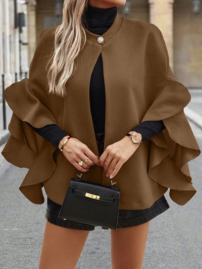 Clasi 1 pieza abrigo elegante de lana con un solo abotonadura, bajo con volantes y unicolor para mujer, otono/invierno