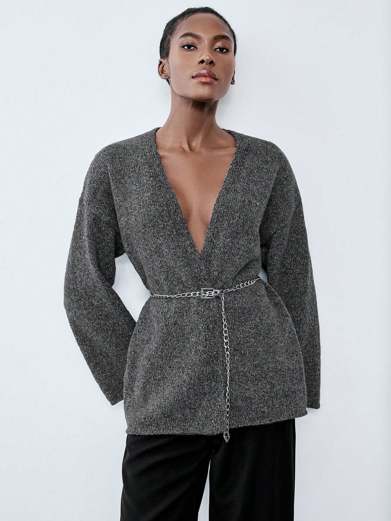 Luminelle chaqueta cardigan envolvente de gasa con estampado floral gris y blanco, suelta y acogedora para otono/invierno