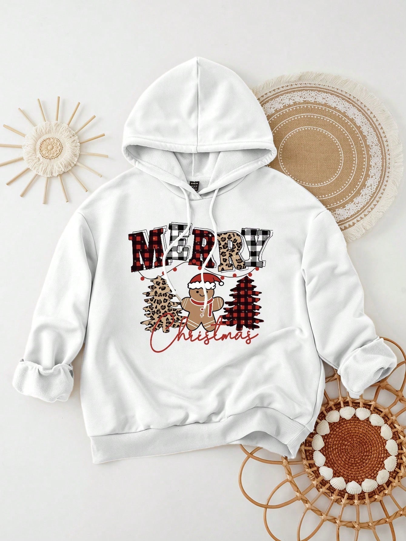 Ezwear jersey holgado de manga larga con estampado de arbol de navidad y texto "feliz navidad" en estilo minimalista y vintage con estampado de leopardo, para mujer