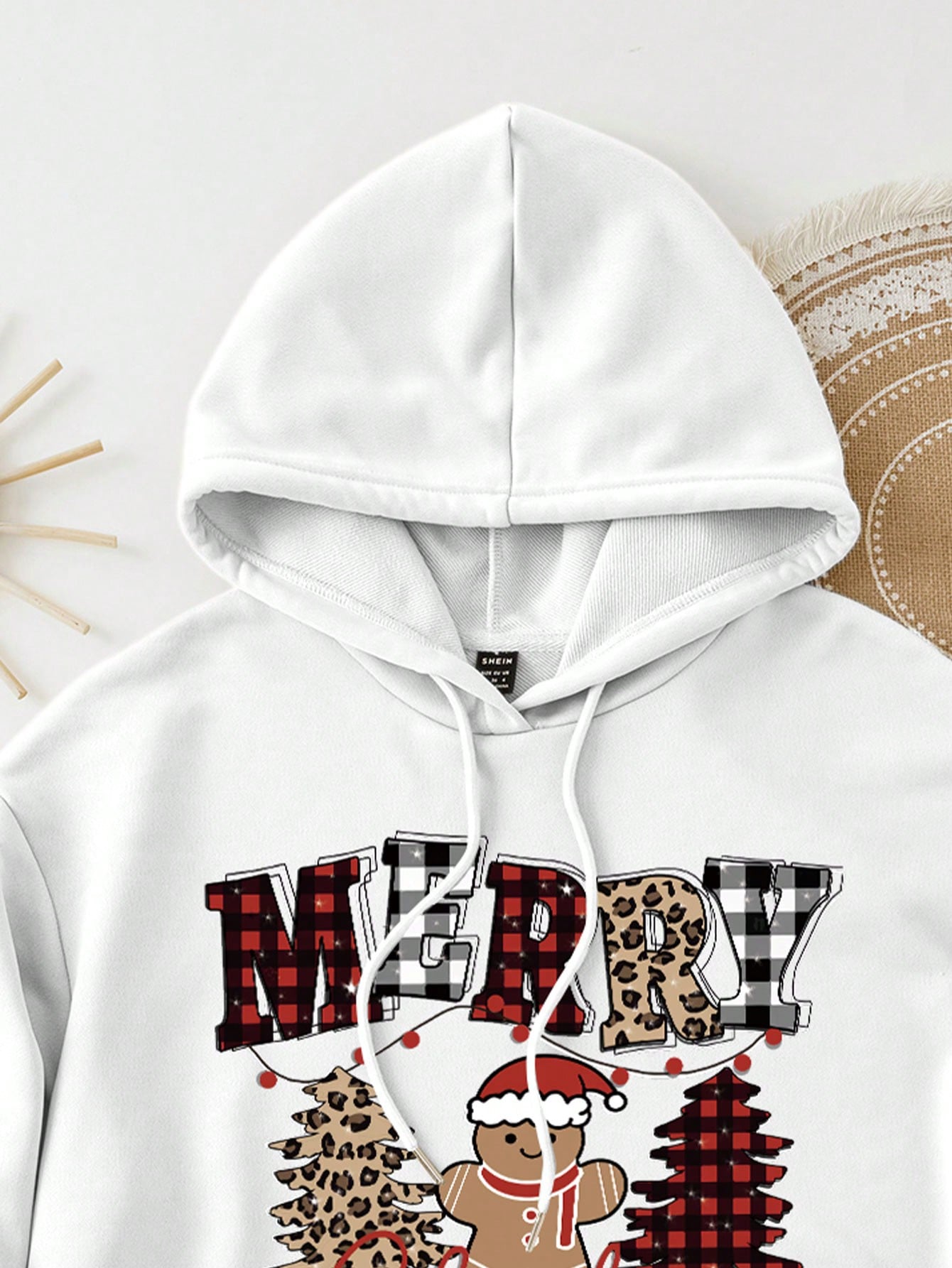 Ezwear jersey holgado de manga larga con estampado de arbol de navidad y texto "feliz navidad" en estilo minimalista y vintage con estampado de leopardo, para mujer