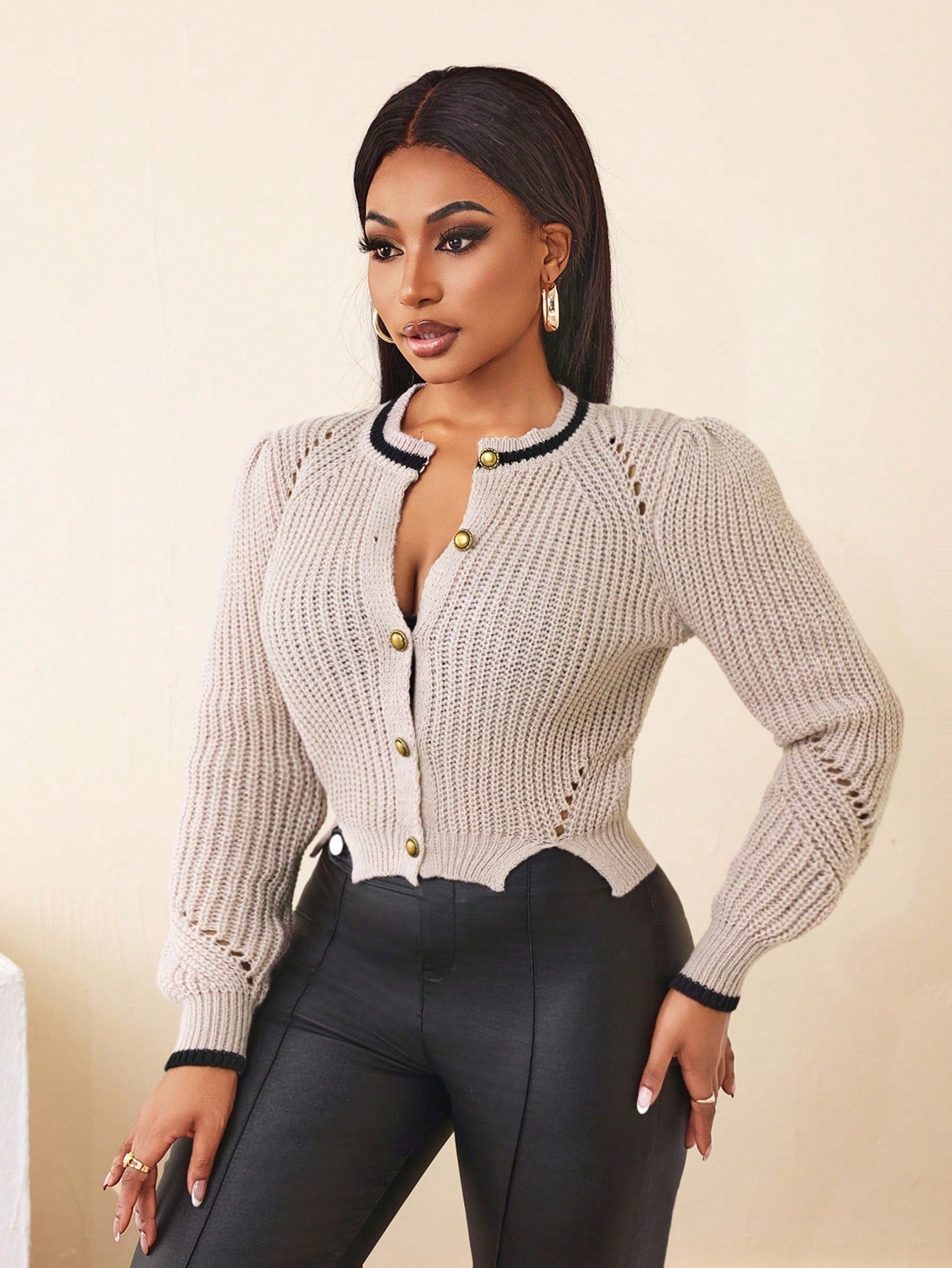 Bamgleam nuevo cardigan de estilo elegante para mujer con mangas abultadas y botones, efecto de bloques de color para otono/invierno