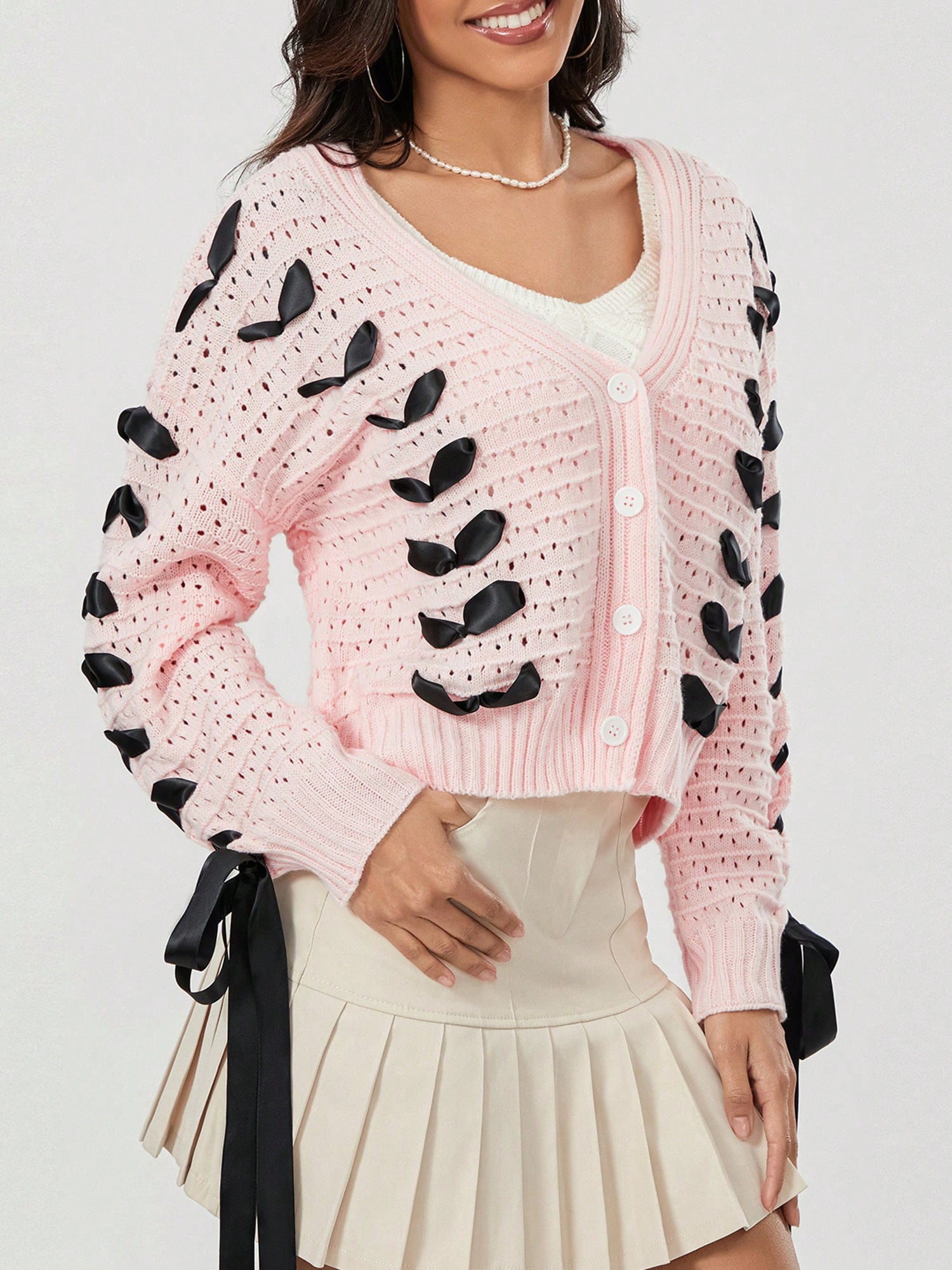 Chaqueta de punto con botones de manga larga y cuello en v a contraste con decoracion de lazo, sueter de mujer
