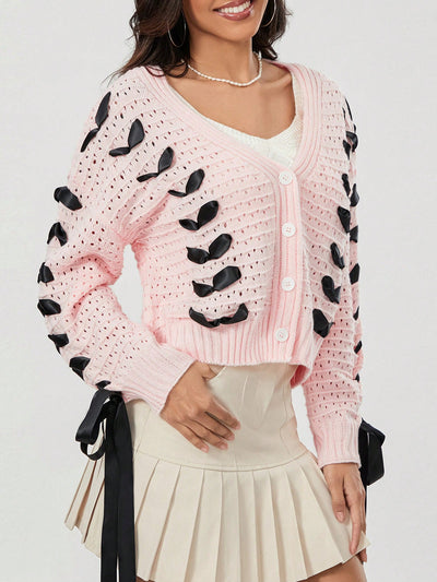 Chaqueta de punto con botones de manga larga y cuello en v a contraste con decoracion de lazo, sueter de mujer
