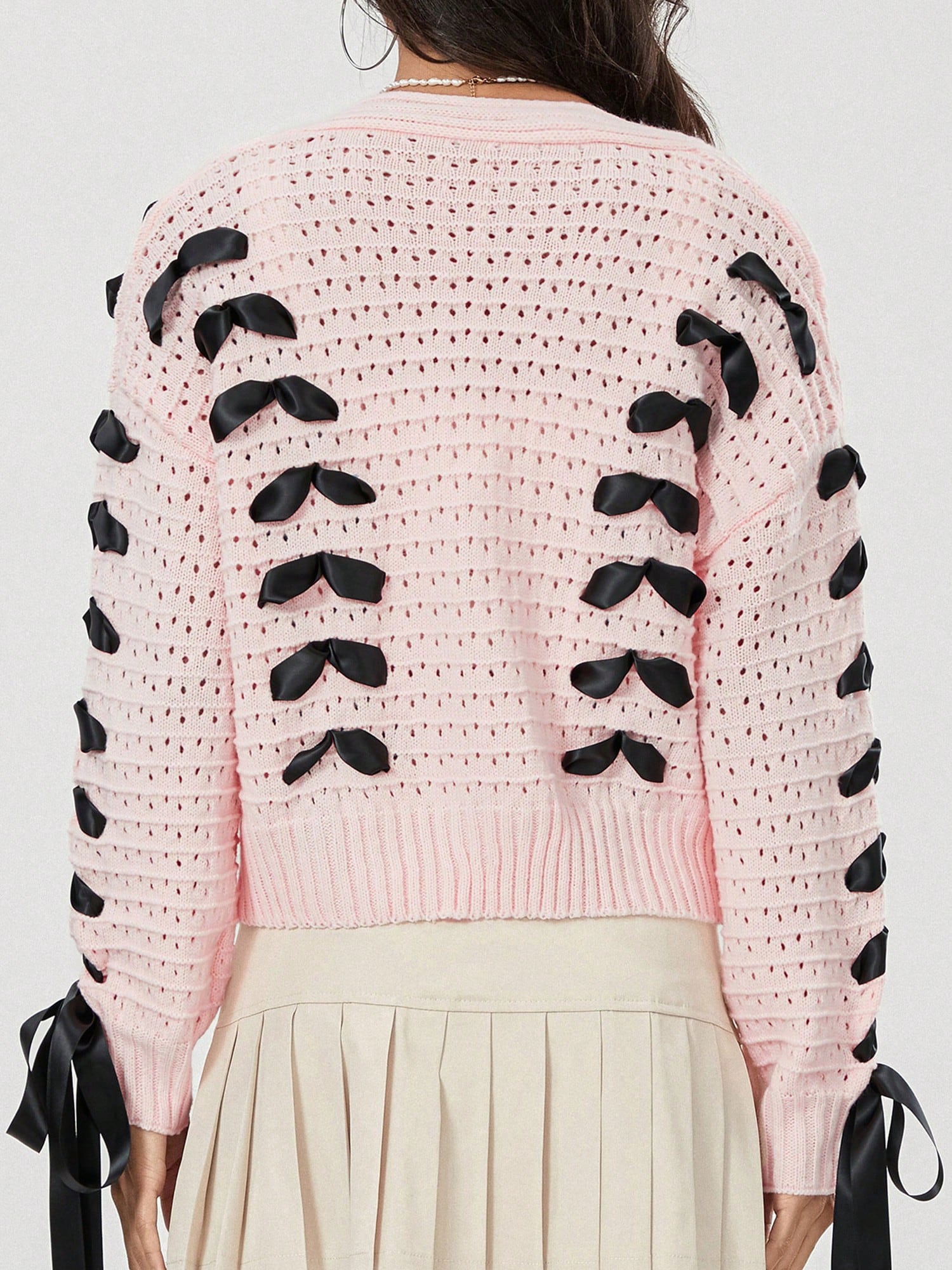 Chaqueta de punto con botones de manga larga y cuello en v a contraste con decoracion de lazo, sueter de mujer