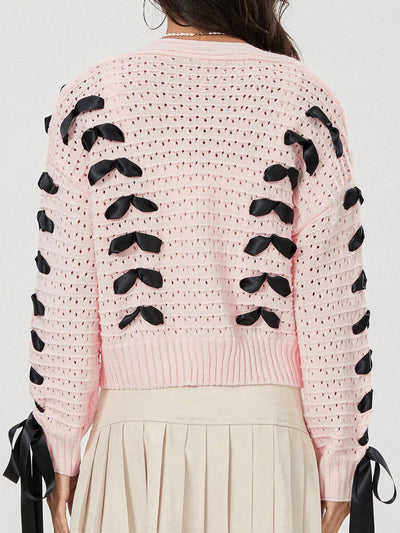 Chaqueta de punto con botones de manga larga y cuello en v a contraste con decoracion de lazo, sueter de mujer