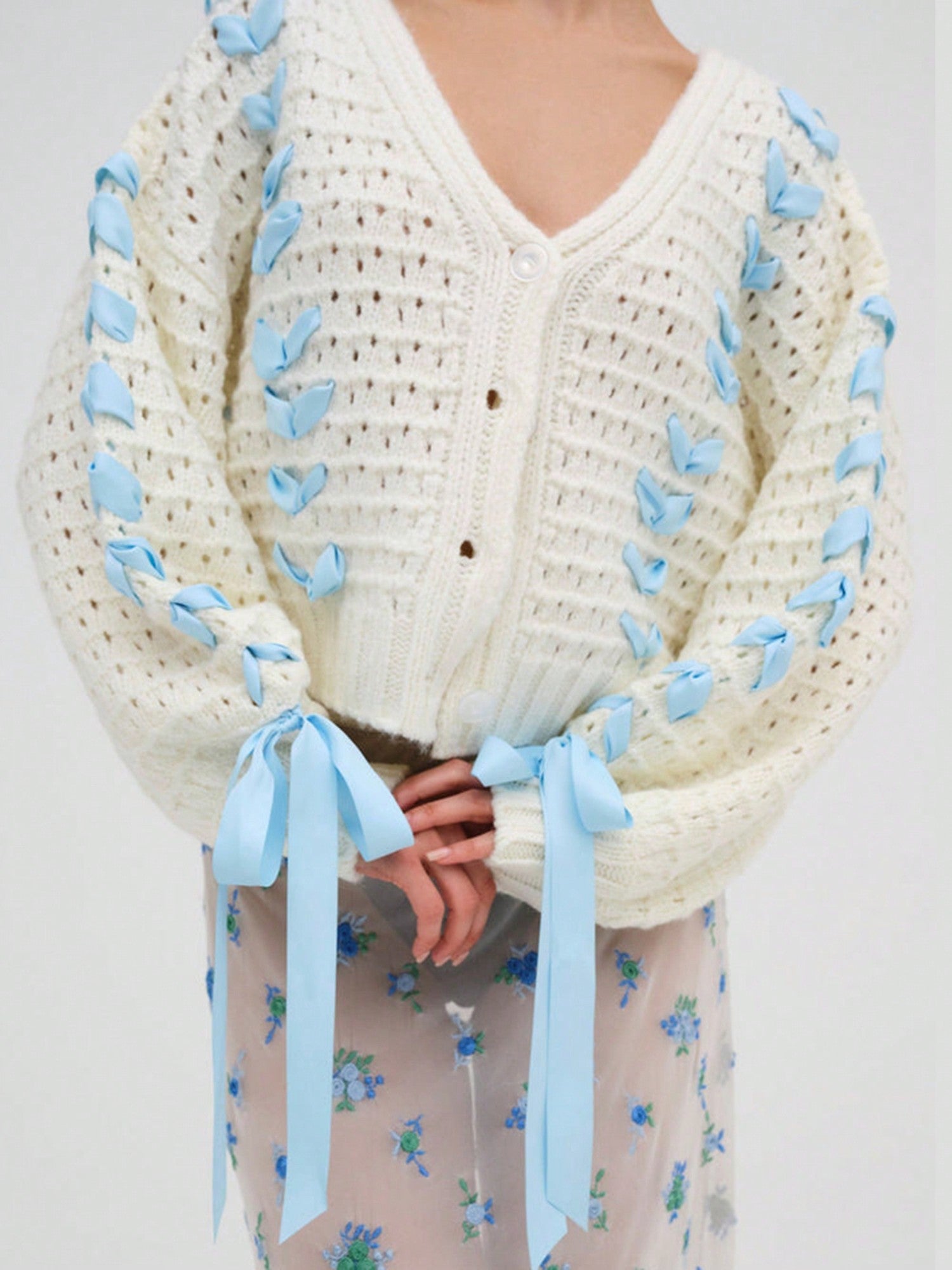 Chaqueta de punto con botones de manga larga y cuello en v a contraste con decoracion de lazo, sueter de mujer